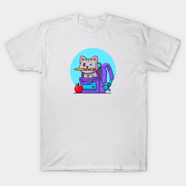 Cute Cat Biting Pencil With Bag And Apple Cartoon T-Shirt by Catalyst Labs